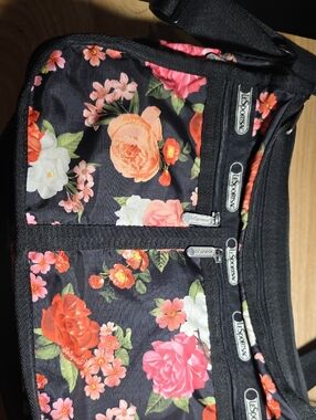 LeSportsac Black Floral Crossbody with Pink, Coral & White Blooms